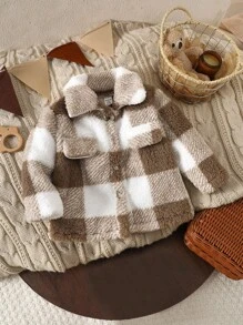 SHEIN 1 件婴儿毛绒开衫、婴儿夏尔巴夹克、男婴羊毛外套、冬季和春季厚保暖衣服 - 咖啡棕 - 查看 3