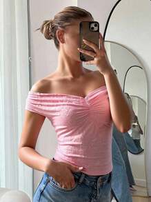 CovetEZ Women's Floral Pink Lace Ruffle Off Shoulder Slim Fit Fashionable T-Shirt,Suitable For Vacation,Spring / Summer Clothes - Pink - View 1