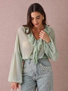 Enchnt Damen Einfarbige Bluse mit Kontrast-Spitzenrüschen und weiter Passform, Langarm - Grün - Übersicht 5