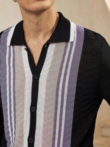 Manfinity Homme Áo khoác cardigan sọc tương phản thường ngày dành cho nam - màu đen - Xem 5