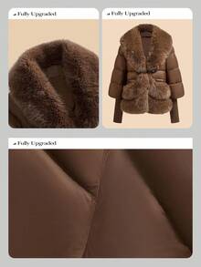Anewsta Women's Luxurious Faux Fur Collar Lantern Sleeve Thickened Fashion Jacket - Brown - View 3