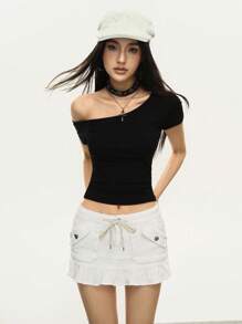 Rina Fox 女士系腰荷叶边下摆短款牛仔迷你裙