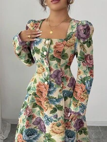 Elenzga 女士优雅秋季方领泡泡袖上衣和 A 字形纹理玫瑰提花裙两件套 - 彩色 - 查看 4