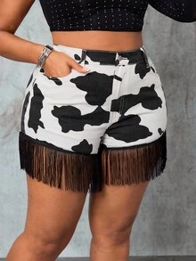 Slaydiva Quần short denim tua rua họa tiết bò cỡ lớn thời trang cá nhân hóa cho nữ phong cách Old Money thanh lịch mùa thu - Đen và trắng - Xem 4