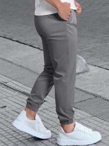 Manfinity Homme 男士抽绳腰口袋卷边休闲裤，秋季 - 深灰色 - 查看 2