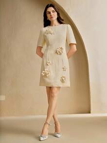 Anewsta Vestido elegante de mujer con aplicaciones florales de unicolor, para verano - Amarillo - Ver 6
