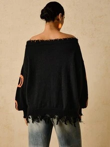 SHEIN VCAY 大码休闲提花露肩斜领温暖柔软百搭南瓜图案万圣节毛衣，秋季南瓜毛衣露肩毛衣女毛衣流苏毛衣 - 藕粉色 - 查看 2