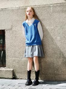 SHEIN 2pcs Tween Girl Casual Collegiate Style Color Block Shirt & Pleated Skirt Set - Blue - View 2