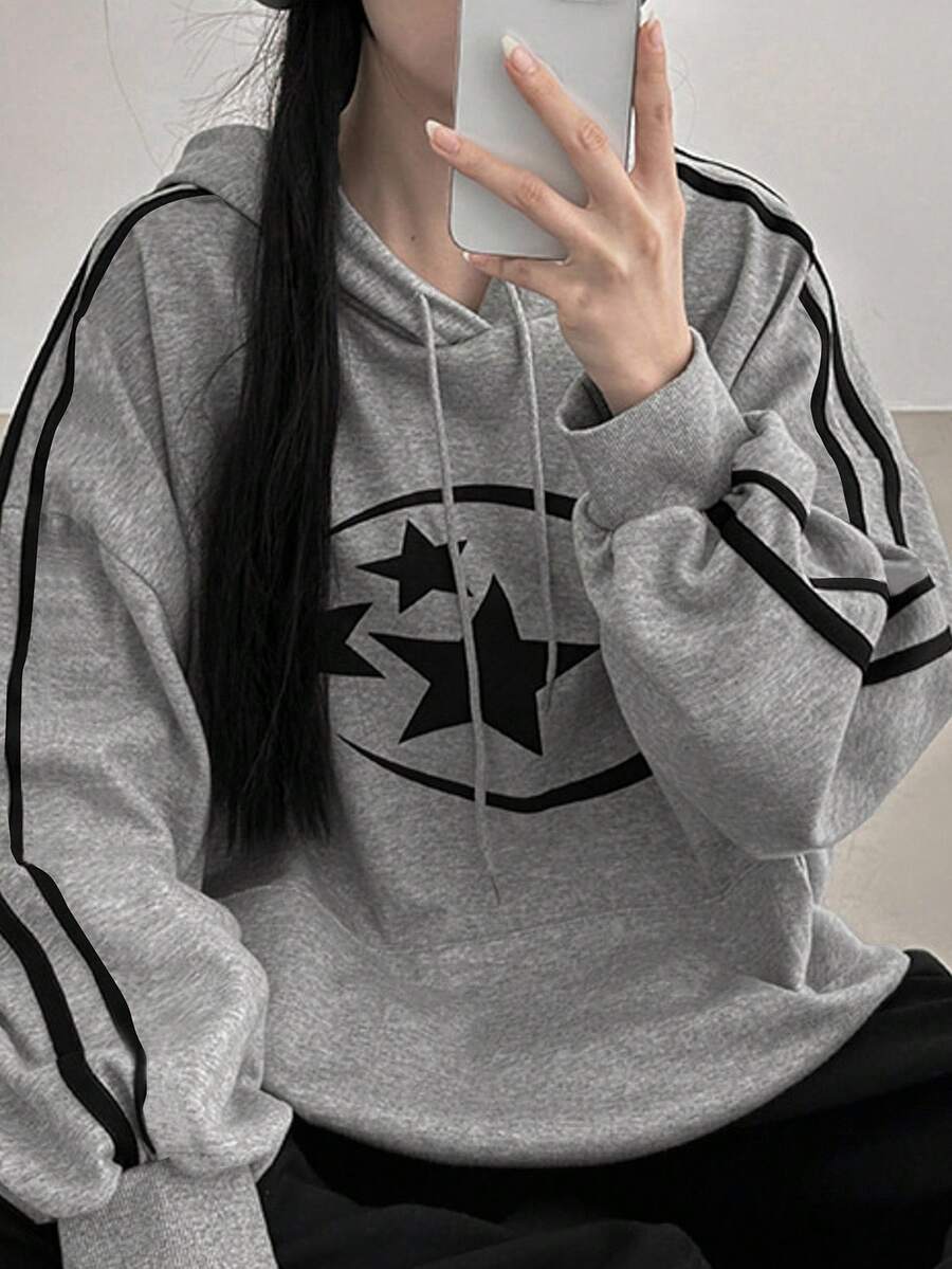 DAZY 五角星连帽衫,宽松学院风女式运动衫,秋冬款 - 灰色 - 查看 1