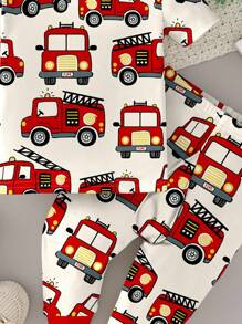 Toddler Boys Round Neck Short Sleeve Long Pajama Set Featuring Fun Cartoon Fire Truck Pattern Baby Boy Fire Truck Clothes Toddler Fire Truck Pajamas Baby Boy Firetruck Outfit 2 Piece Baby Boy Pajamas Boys Pajama Set Cotton
