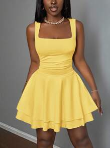 Slaydiva 2025 Spring/Summer New Casual Vacation Romantic Basic Street Everyday Sexy Elegant Commute Party Nightclub Club Pure White Sleeveless Layered Mini Dress, Women Plus Size