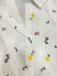 SHEIN 女式宽松可爱碎花落肩长袖白色纽扣衬衫，春秋衬衫 - 白色 - 查看 4
