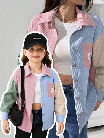 SHEIN 2pcs Mommy And Me Matching Outfits, Woven Contrast Color Casual Jacket, Suitable For Outings, Shopping, Spring/Autumn, Back To School And Other Occasions Fall Winter