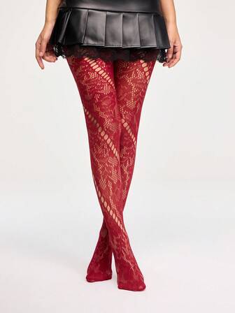 Grunge Punk 1 par de medias de red sexy, medias de liguero de jacquard burdeos, pantimedia transparente elástica y fina