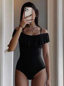 SHEIN Swim Summer Beach Solid Ruffle Trim One Piece Swimsuit - Black - View 1