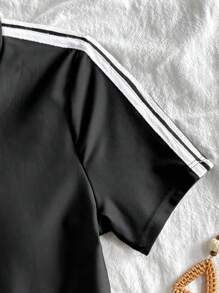 SHEIN 青少年女孩黑色连体泳衣，黑白撞色肩带，简约休闲运动风格，适合海滩、度假、冲浪 - 黑色 - 查看 5