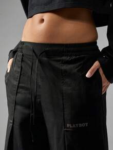 Missguided x Playboy Utility Cargo Wide Leg Pants Streetwear Fashion Drawstring Relaxed Fit Y2K Aesthetic Cuffed Trousers Winter Fall Everyday Essential - Black - View 4