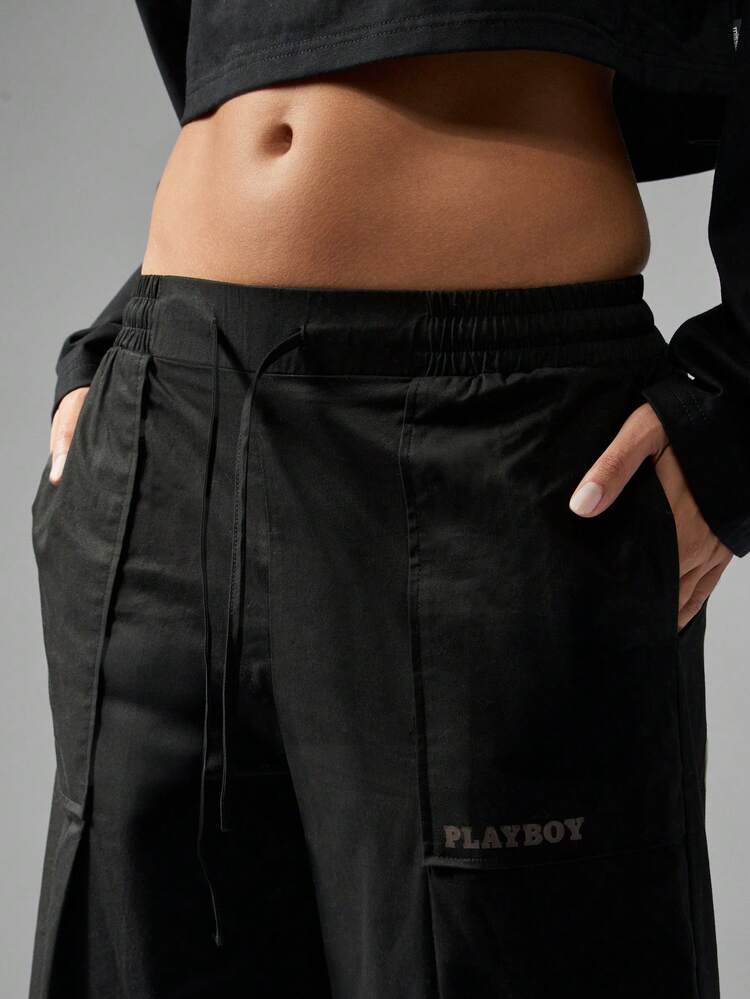 Missguided x Playboy Pantalones anchos de carga de uso utilitario, moda urbana con cordón, ajuste relajado, estética Y2K, pantalones con puños, esencial de uso diario para invierno y otoño