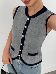 SHEIN Tall 秋冬时尚通勤撞色边珍珠纽扣针织背心 - 藍色 - 查看 7