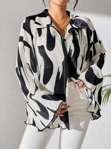 SHEIN Unity Rafferiza Women Spring/Summer Fashion Holiday Commute Loose Dropped Shoulder Long Flared Sleeve Pleated Blouse, With Random Spring/Summer Color Block Print, Long Sleeve Top Fall Cloth For Women - Apricot - View 3