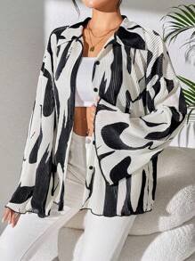SHEIN Unity Rafferiza Women Spring/Summer Fashion Holiday Commute Loose Dropped Shoulder Long Flared Sleeve Pleated Blouse, With Random Spring/Summer Color Block Print, Long Sleeve Top Fall Cloth For Women - Apricot - View 7