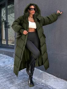 EURMUSE Damen dicke, warme, locker sitzende Kapuzenjacke, Oversized Laternärmel-Design, Winter - Armeegrün - Übersicht 4