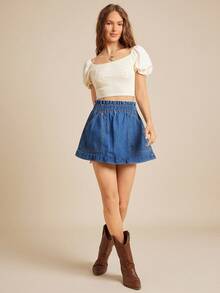 WESTFADE 褶饰腰部实用口袋荷叶边 A 字形牛仔短裤乡村西部牛仔竞技纳什维尔早午餐 - 深色水洗藍 - 查看 4