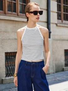 Lumivelle Business Casual Woman Women's Elegant Minimalist Fashion Slim Fit Black And White Striped Camisole Clothes For University - Black and White - View 4