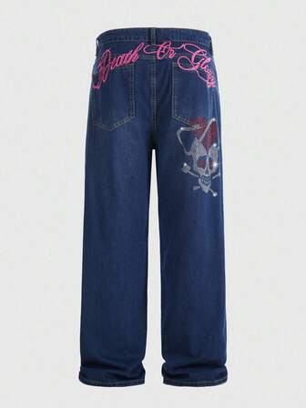 Goth Jeans en denim délavé décontracté pour hommes avec tête de crâne, strass et broderie de lettre