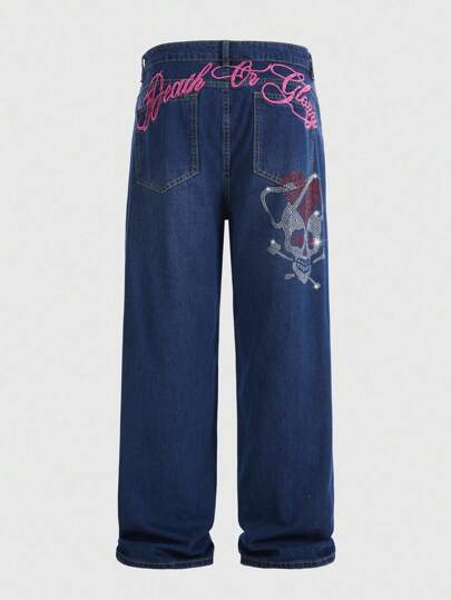 Goth Jeans en denim délavé décontracté pour hommes avec tête de crâne, strass et broderie de lettre