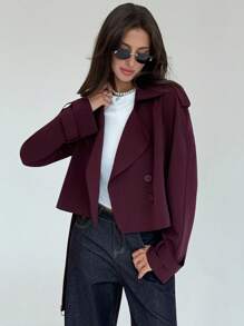 Aloruh 女士休闲通勤纯色双排扣风衣秋季女装秋季所有女装秋季女装秋季女装秋冬女装冬季女装冬季外套女返校节学校老师栗色短款风衣外套超短款气质显瘦深秋女神显瘦酒红色西装外套