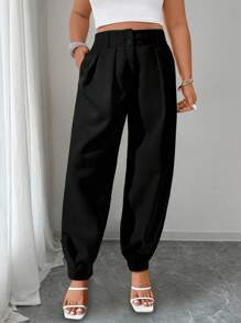 Elenzga Damenhose in großen Größen mit Taschen, plissierte, locker geschnittene Freizeithose Einfarbig