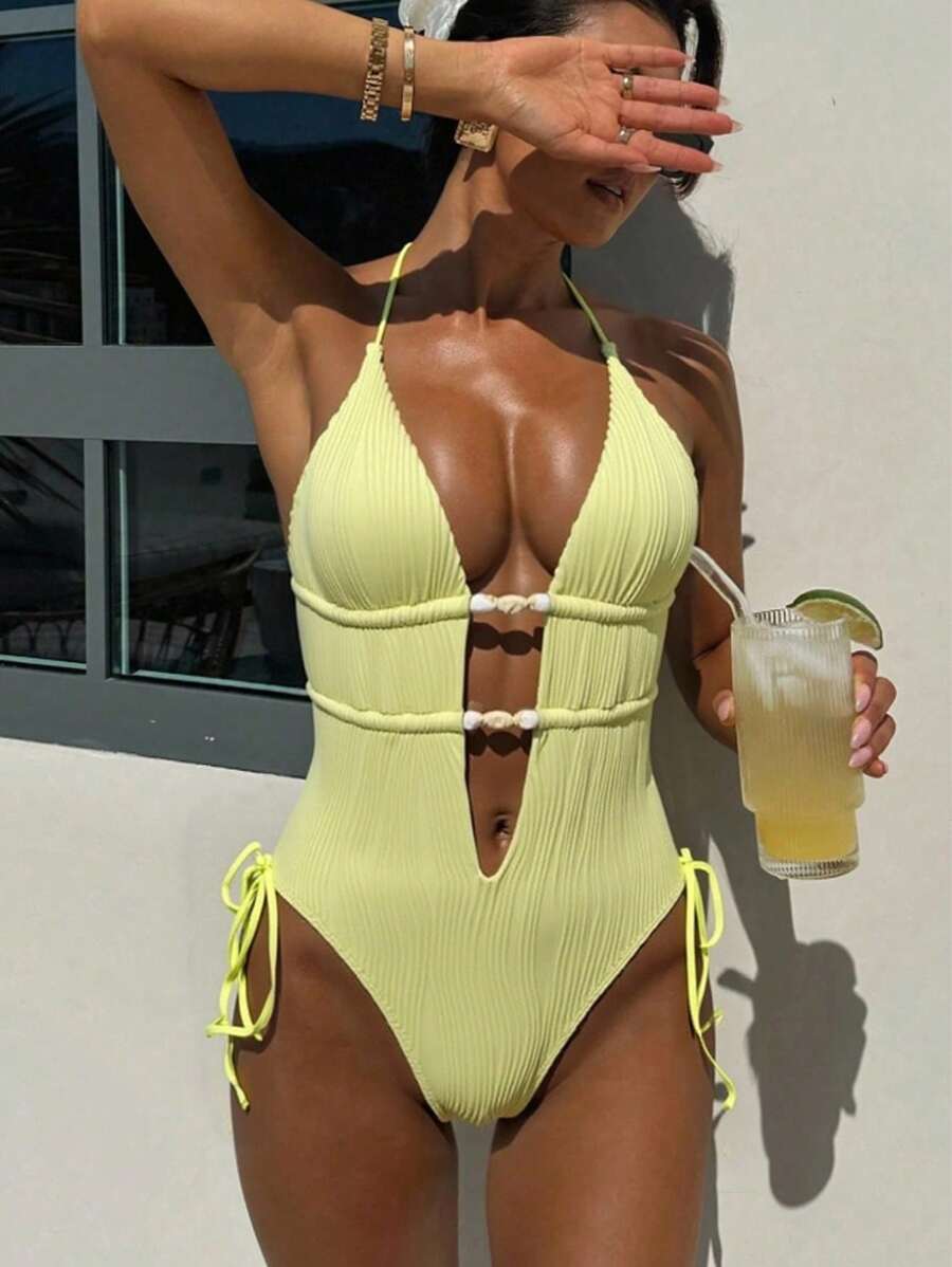 Swim SXY 女士夏季纯色提花面料露背抽绳吊带性感可爱女孩沙滩连体泳衣