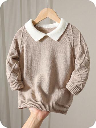 SHEIN Young Boys' Khaki Textured Casual Comfortable Versatile Contrast Color Collar Thick Sweater, Back To School Season, Autumn/Winter Fall