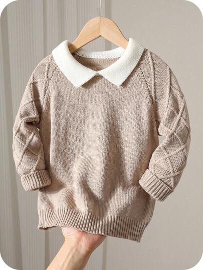 SHEIN Young Boys' Khaki Textured Casual Comfortable Versatile Contrast Color Collar Thick Sweater, Back To School Season, Autumn/Winter Fall