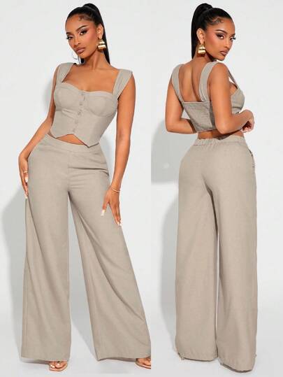 SHEIN SXY Conjunto de top sin mangas y pantalón de pierna ancha de lino de unicolor, elegante y minimalista, para mujer de talla grande, apropiado para el trabajo, reuniones y ocasiones formales.