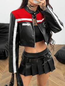 Coolane Women's Fall/Winter Streetwear Going Out  Letter Print Long Sleeve Zip-Up Cropped Motorcycle Jacket - Black - View 1