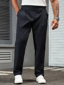 Manfinity Homme 男士简约纯色褶皱口袋西装裤，休闲日常穿着高腰休闲裤，商务正装风格，复古风 - 藏蓝色 - 查看 3