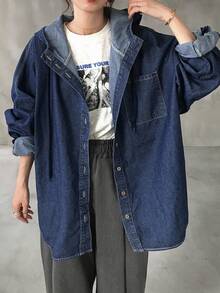 FRIFUL 女士休闲水洗落肩宽松连帽牛仔夹克
