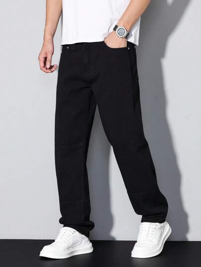 Manfinity Homme 男士休闲百搭通勤纯色牛仔裤 男士直筒牛仔裤 男士街头风牛仔裤 水洗直筒破洞牛仔裤