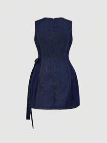 Maija 大码深蓝色牛仔连衣裙无袖收腰蝴蝶结短款连衣裙韩版甜美连衣裙外出上衣女裹身裙 - 深色水洗藍 - 查看 2