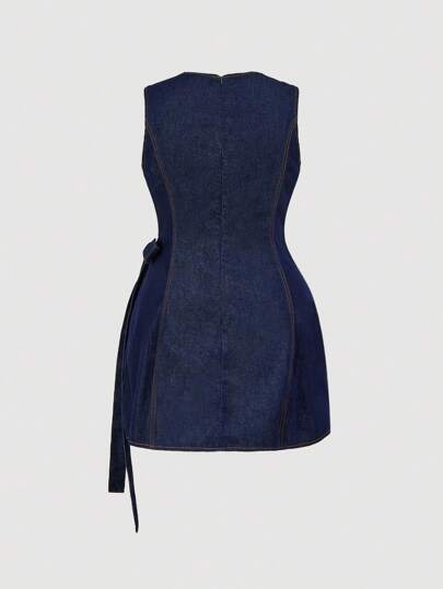 Maija Plus Size Dark Blue Denim Dress Sleeveless Waist Bow Short Dress Korean Style Sweet Dress Going Out Tops Women Wrap Dress