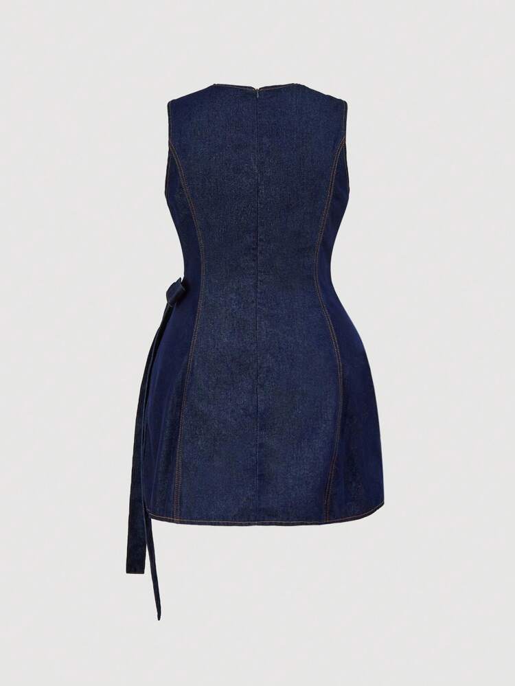 SHEIN Maija Plus Size Dark Blue Denim Dress Sleeveless Waist Bow Short Dress Korean Style Sweet Dress Going Out Tops Women Wrap Dress