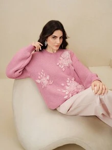 Anewsta Pink Floral,Autumn,Elegant,Date New Thick Pullover Sweater,Floral 3D Embroidery Knitted Sweater,Loose Fit Long Sleeve Casual Slouchy Knit Top,Chic - Pink - View 5