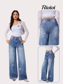 Rivivi Fashionable Commuter Washed Rhinestone Embellished Wide Leg Jeans - Light Wash - View 1