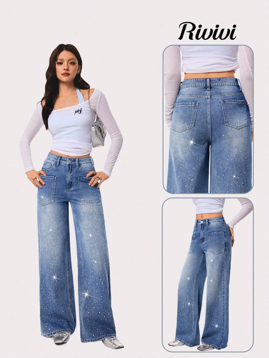 Rivivi Fashionable Commuter Washed Rhinestone Embellished Wide Leg Jeans - Light Wash - View 1