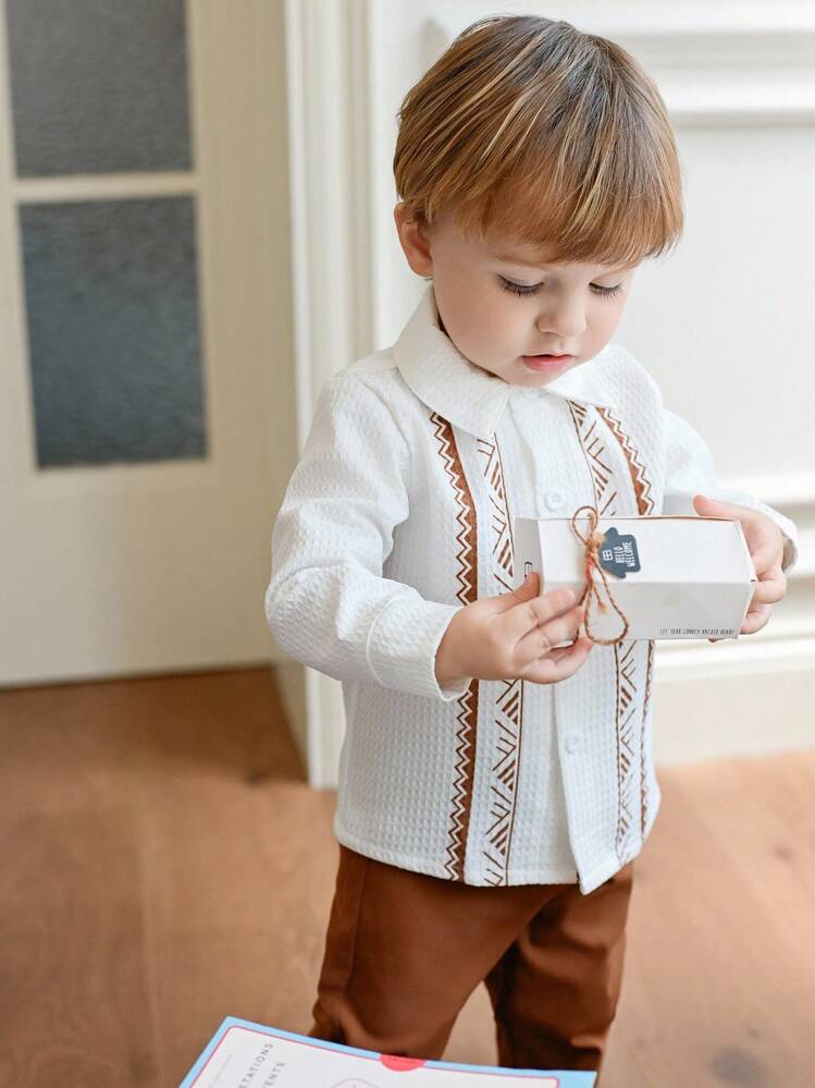 Souflis Souflis 2pcs Baby Boy Woven Waffle Collar Colorblock Print Long Sleeve Button Shirt & Straight Leg Casual Pants Set, Stylish For Spring/Autumn Everyday Wear Fall Winter - Multicolor - View 4