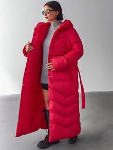Women Solid Color Belted And Pocket Detailed Long Winter Coats - Red - View 6