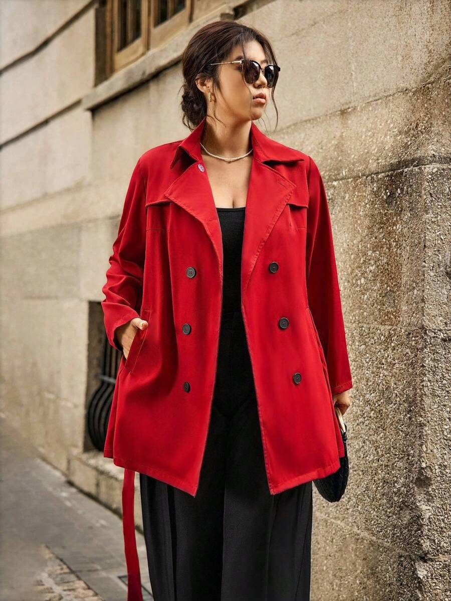 SHEIN Clasi 大码纯色双排扣系带长袖风衣 - 酒紅色 - 查看 1