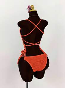 Amplova 深V领露背交叉蝴蝶结纹理紧身衣